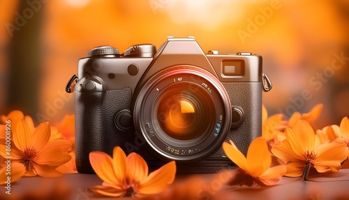 Hyper realistic a camera on marigold colour background, world photography day camera background.