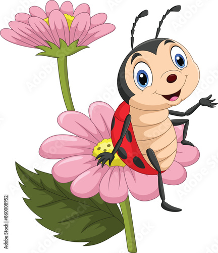 Illustration of cartoon ladybug sitting on a flower