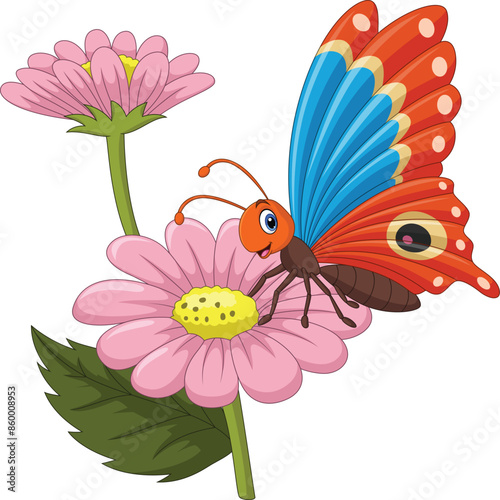 Cartoon butterfly on a pink flower