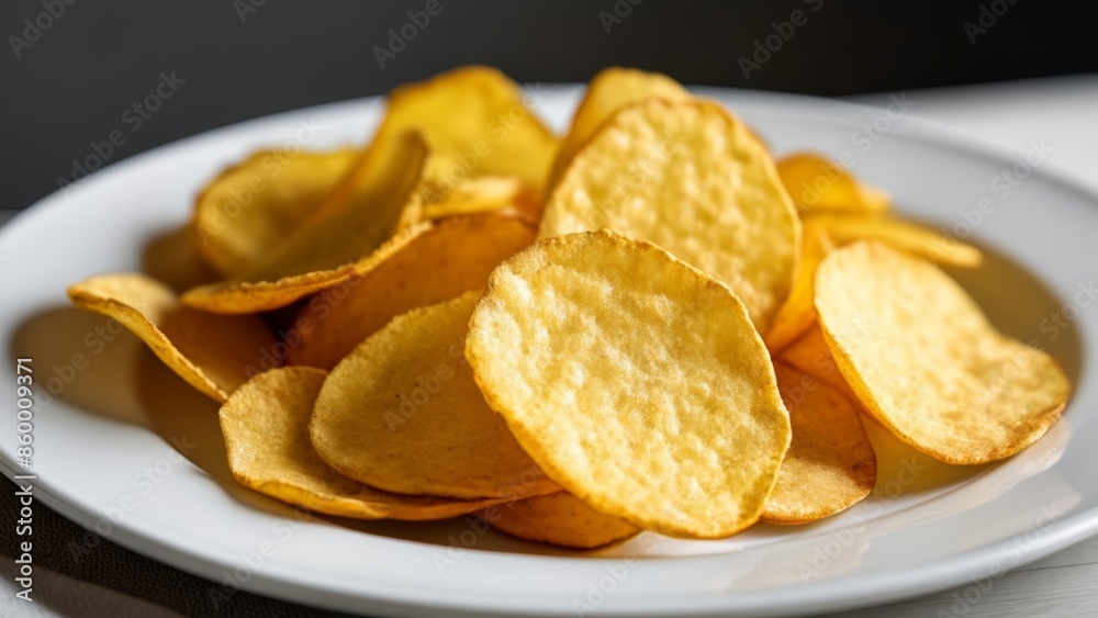 Crispy golden potato chips on a white plate Crispy golden potato chips on a white plate