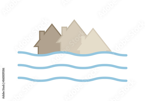 Pueblo sufriendo una inundación en fondo blanco