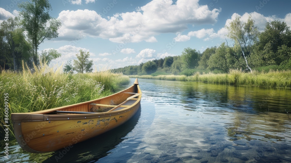 Serene River with Canoe under Blue Sky on a Sunny Day Serene River with Canoe under Blue Sky on a Sunny Day