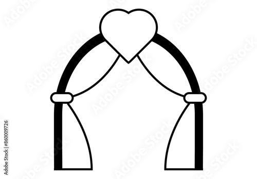 Icono negro de arco y cortinas con corazón de boda