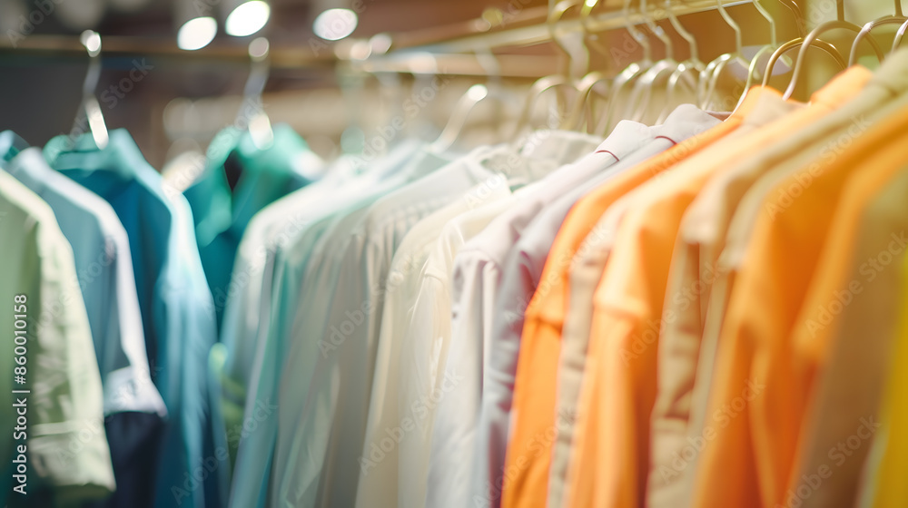 Slow fashion Clothes on hangers in a shop showcase Recycled organic apparel : Generative AI Slow fashion Clothes on hangers in a shop showcase Recycled organic apparel : Generative AI