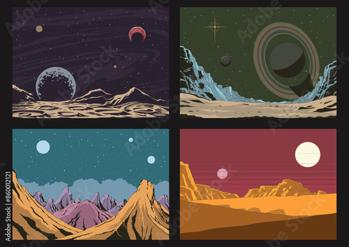 Deep Space Planet Panorama, Cosmic Illustration Set, Extraterrestrial Landscapes, Mountains, Rocks, Craters, Moon and Stars Backgrounds. Astronomy Poster Templates