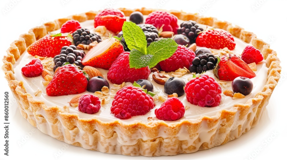 Fresh mixed berry tart with creamy filling on white background Fresh mixed berry tart with creamy filling on white background