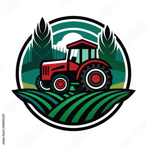 A logo icon featuring a red tractor driving through green hills and trees. farming logo concept.