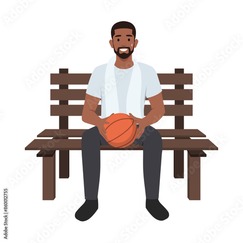 Young basketball player sitting on bench with towel around his neck. Flat vector illustration isolated on white background