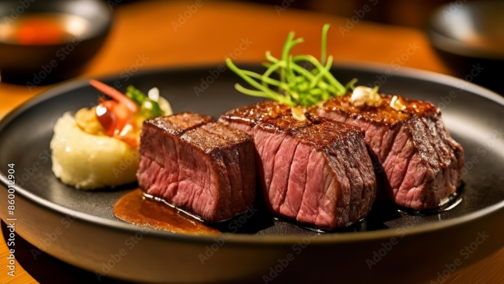 Deliciously cooked steak with a side of mashed potatoes and garnish Deliciously cooked steak with a side of mashed potatoes and garnish