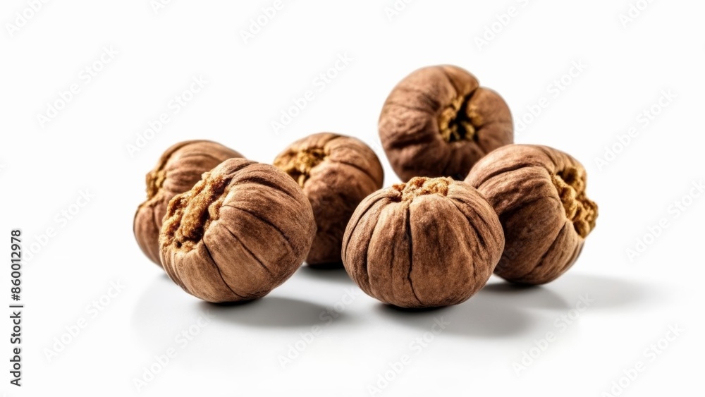 Six whole walnuts on a white background Six whole walnuts on a white background