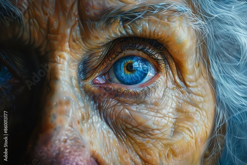 Close-up of an elderly person's blue eye, capturing the depth and detail of age and wisdom in striking color and texture. © AlexCaelus