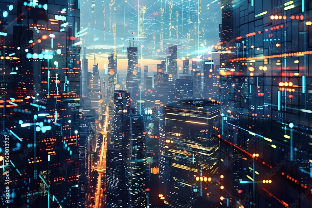 Futuristic cityscape with digital connections and glowing lights. Futuristic cityscape with digital connections and glowing lights.