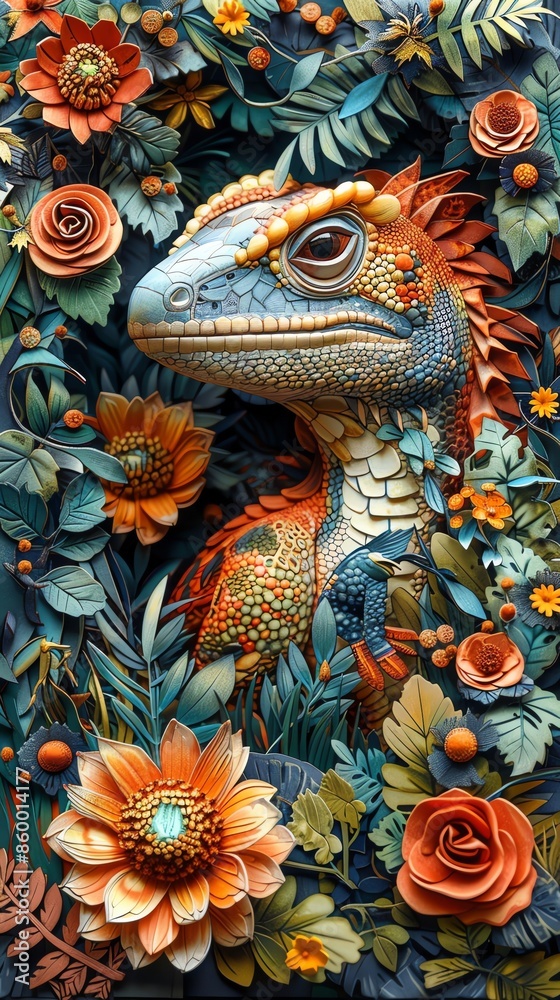 Obraz premium n aerial view of Paleozoology using traditional oil medium, blending realistic portrayal of ancient habitats with a touch of fantastical elements, creating a mesmerizing and awe-inspiring