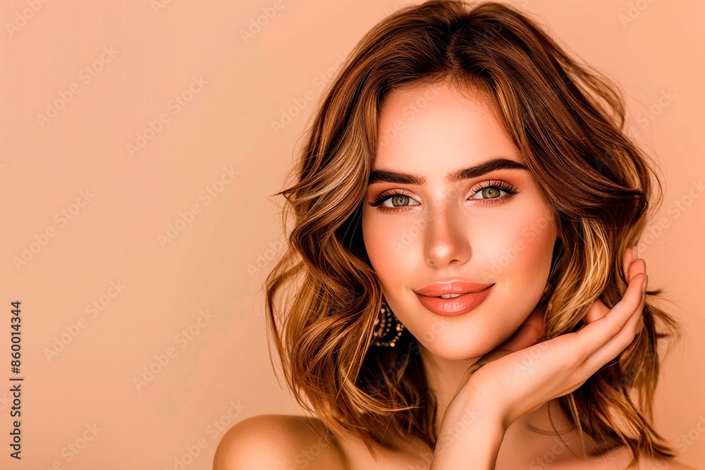A beautiful woman with styled hair poses confidently against a peach background, emphasizing beauty and confidence, with copy space for text
