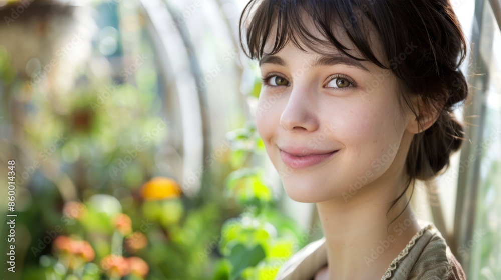 Radiant young woman enjoying a serene garden ambiance Radiant young woman enjoying a serene garden ambiance