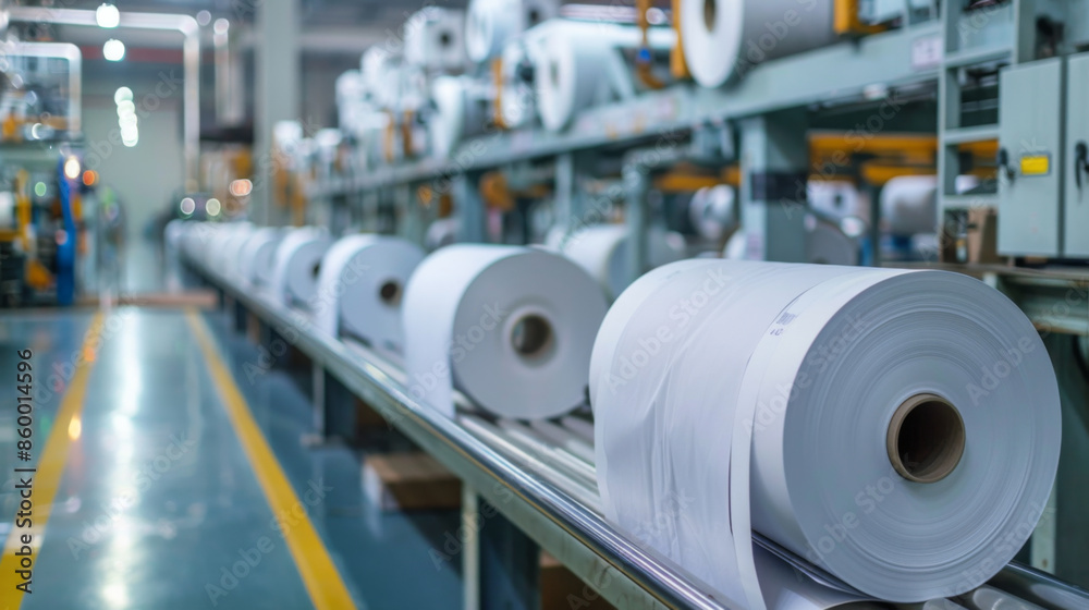 Large paper rolls on an industrial production line in a factory, showcasing the manufacturing process of paper goods.