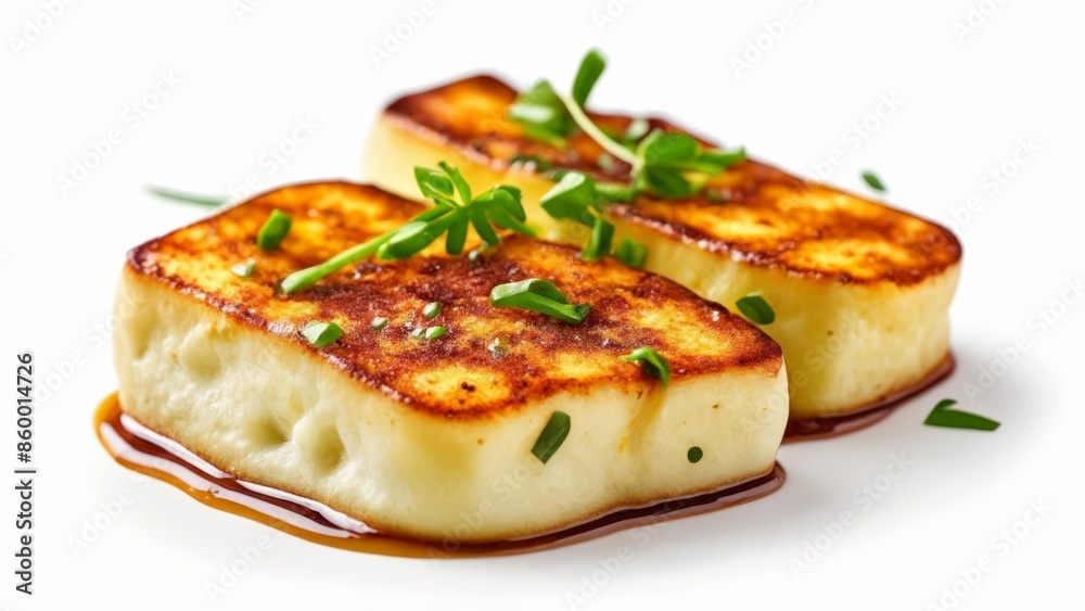 Deliciously goldenbrown fried tofu with a drizzle of sauce and garnished with herbs Deliciously goldenbrown fried tofu with a drizzle of sauce and garnished with herbs