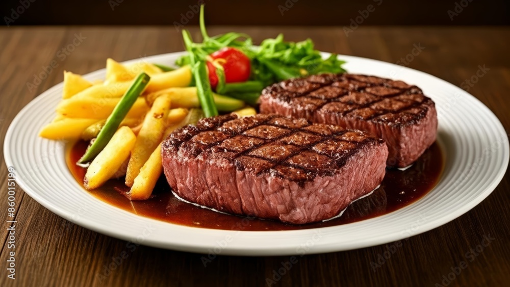 Deliciously cooked steak with a side of crispy fries and fresh vegetables Deliciously cooked steak with a side of crispy fries and fresh vegetables