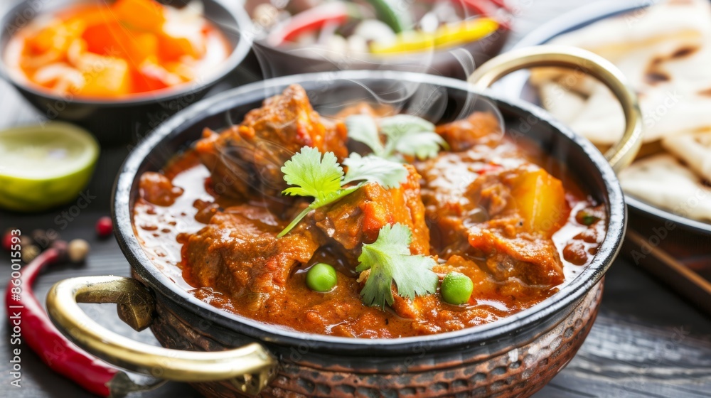 Aromatic Indian chicken curry served with flatbread and rice