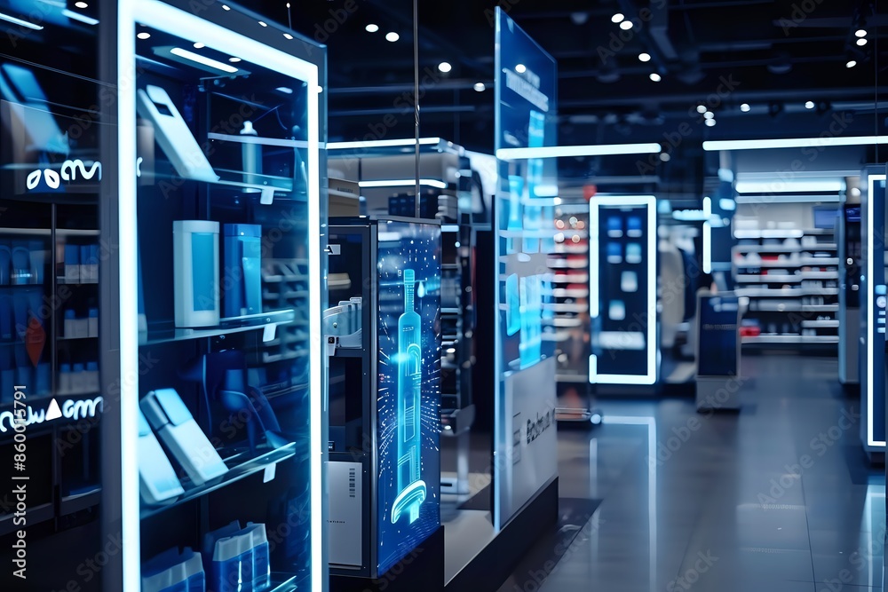 Modern store interior with glowing digital displays showcasing product information. Modern store interior with glowing digital displays showcasing product information.