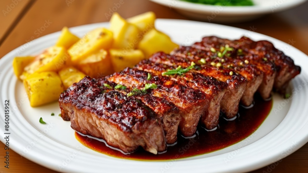 Deliciously grilled meat and potatoes ready to be savored Deliciously grilled meat and potatoes ready to be savored