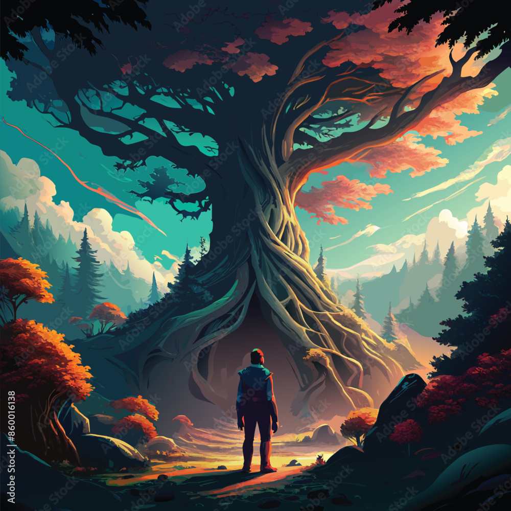 Fototapeta premium Big tree, man small. Grey sky, green leaves on ground. Forest foggy.