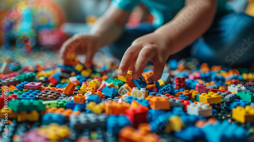 Close-up of a child’s hands assembling colorful toy blocks, emphasizing creativity and fine motor skill development.