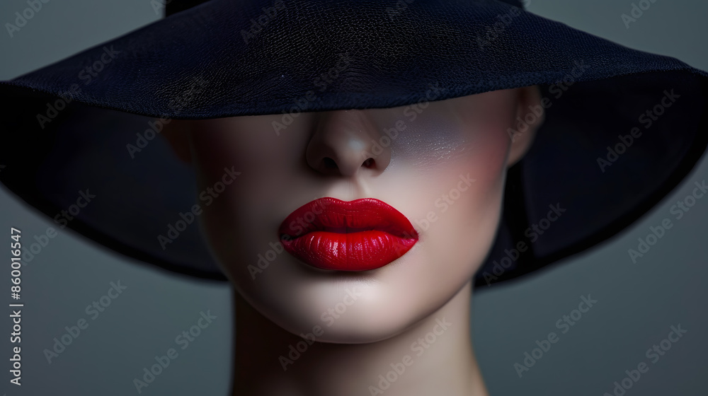 Red Lips Make up Closeup Mysterious Fashion Woman Face Hidden by Black brimmed Hat Elegant Retro Lady Fine Art Portrait over Gray Background : Generative AI Red Lips Make up Closeup Mysterious Fashion Woman Face Hidden by Black brimmed Hat Elegant Retro Lady Fine Art Portrait over Gray Background : Generative AI