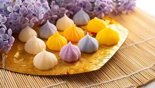Konashi sweets shaped like spring and summer flowers such as wisteria, iris, and hydrangea
