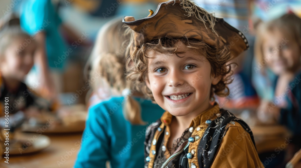Smiling boy dressed in a pirate costume during a playful and festive event with other children in the background.
