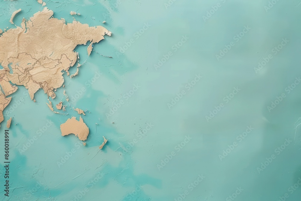 A simple, clean-lined image of a globe map, featuring the continents of Asia and Australia in a beige tone, against a bright turquoise background. Generative AI A simple, clean-lined image of a globe map, featuring the continents of Asia and Australia in a beige tone, against a bright turquoise background. Generative AI