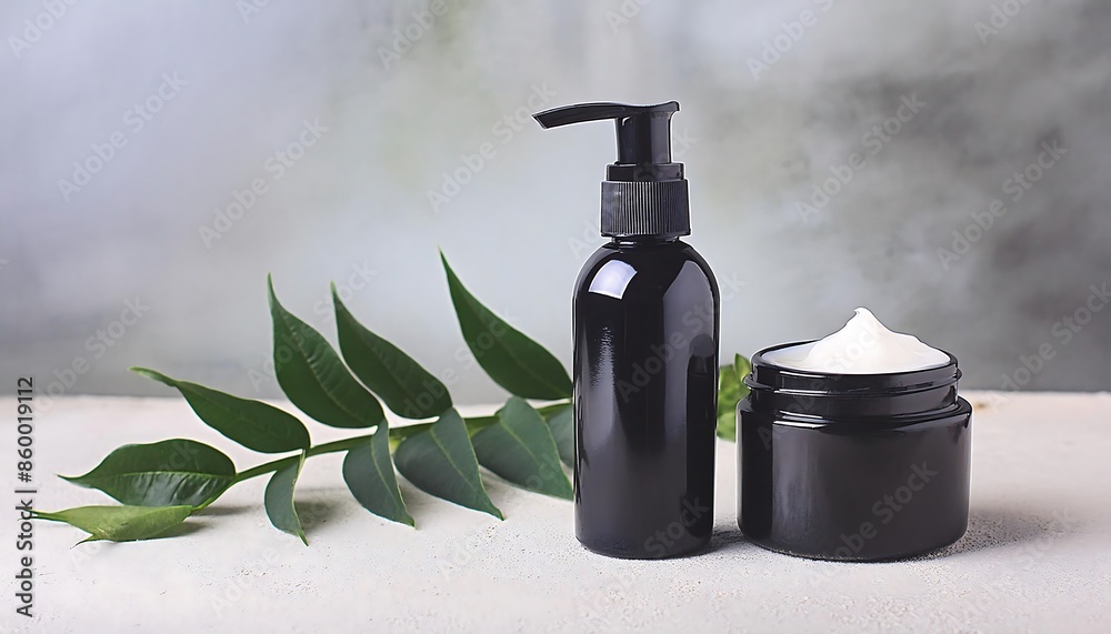 black cosmetic bottles, moisturizer on nature background, cosmetics for men concept, black cosmetic bottles, moisturizer on nature background, cosmetics for men concept,
