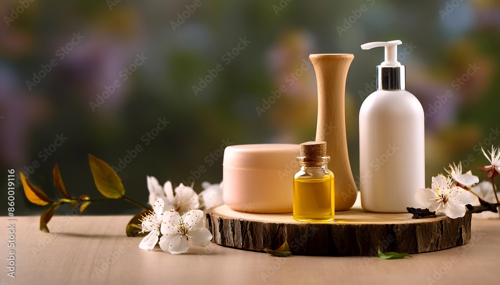 A fresh, botanical-themed background with natural skincare products surrounded by lush green