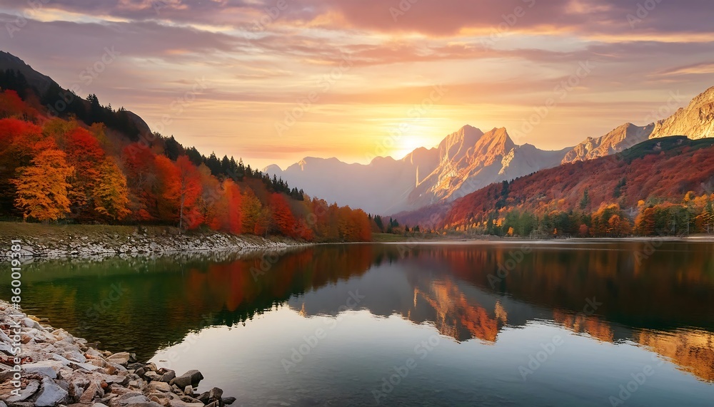 Fototapeta premium A breathtaking sunset over rolling fields, with tall grasses and wildflowers in autumn