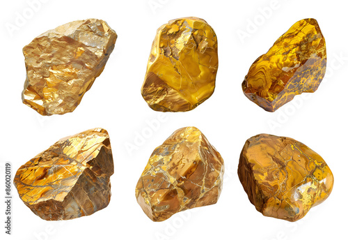 Beautiful golden-yellow crystals with rich textures and patterns, shining brightly. Isolated on transparent background.