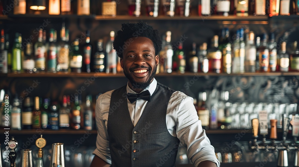 african american smiling man bartender work on the beach resort, barman making a cocktail on the beach for relaxing. african american smiling man bartender work on the beach resort, barman making a cocktail on the beach for relaxing.