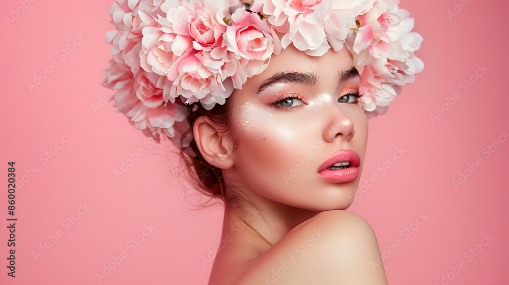 Fototapeta premium creative fashion beauty portrait of beautiful young woman with flower hairstyle model girl with professional makeup and body art over pink background : Generative AI