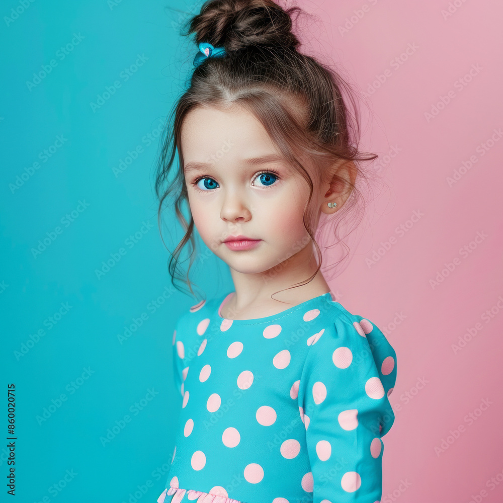 Stylish little girl model in pink and blue summer outfit. Kids fashion concept Stylish little girl model in pink and blue summer outfit. Kids fashion concept