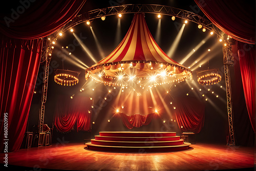  Circus stage podium background 3D carnival light red show curtain. Circus platform stage podium tent theater arena sign vintage spotlight circle stand bulb ringmaster ring cirque cartoon party cinema