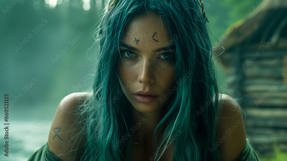 Young woman with long teal hair gazes mysteriously at the camera in a forest setting, light filtering through trees. Possible cabin nearby Young woman with long teal hair gazes mysteriously at the camera in a forest setting, light filtering through trees. Possible cabin nearby