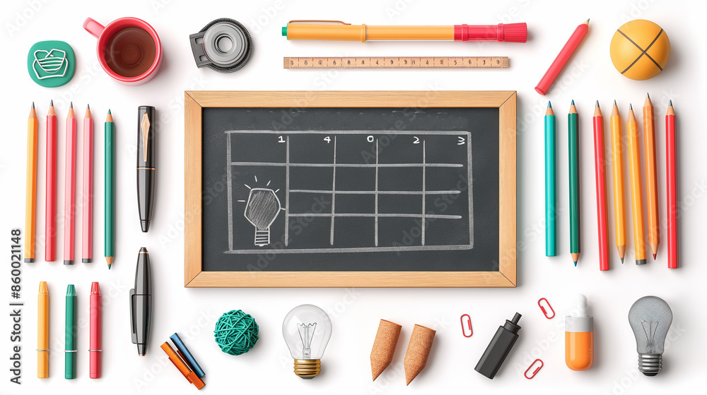 Set of education 3D icons. Back to school equipment concepts. Back to school text in chalkboard element with light bulb and pen educational elements. Copy space for text. Generative AI Illustration. Set of education 3D icons. Back to school equipment concepts. Back to school text in chalkboard element with light bulb and pen educational elements. Copy space for text. Generative AI Illustration.