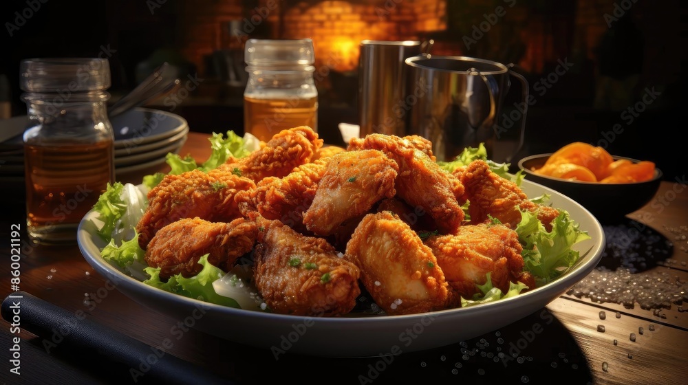 Buffalo wings with melted hot sauce on a wooden table with a blurred background Buffalo wings with melted hot sauce on a wooden table with a blurred background