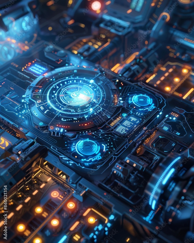 Futuristic technology interface with glowing lights and complex circuitry, depicting advanced digital innovation and artificial intelligence. Futuristic technology interface with glowing lights and complex circuitry, depicting advanced digital innovation and artificial intelligence.