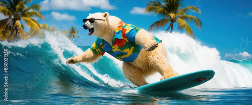 A polar bear wearing sunglasses and a tropical shirt rides a surfboard on a turquoise wave in a tropical paradise