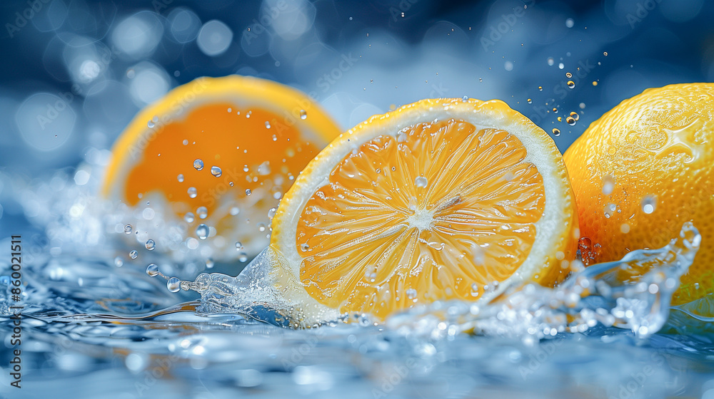 Three lemons, one cut in half, splash into a pool of water, creating a vibrant scene of yellow and blue Three lemons, one cut in half, splash into a pool of water, creating a vibrant scene of yellow and blue