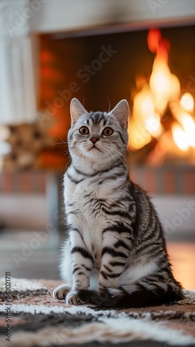 a four month year old American Shorthair cat is sitting 