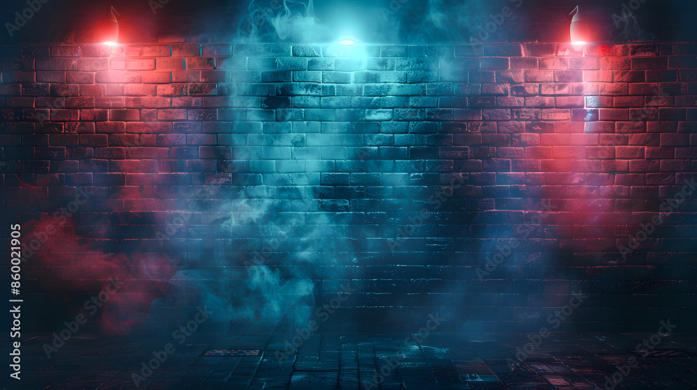 Fototapeta premium Neon light on brick walls that are not plastered background and texture. Lighting effect red and blue neon background