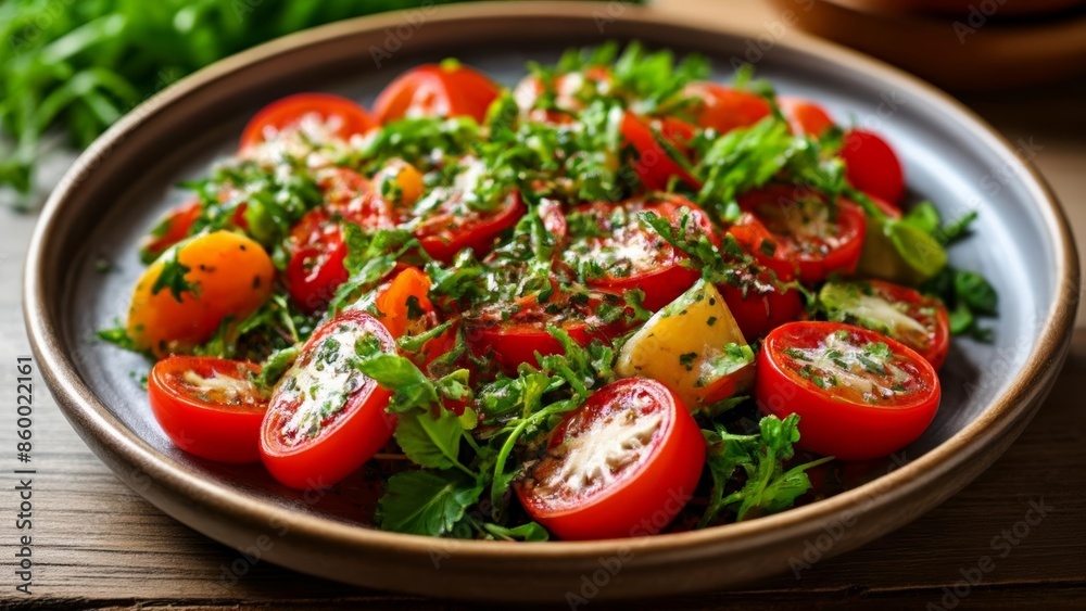 Freshly sliced tomatoes and greens ready to be savored Freshly sliced tomatoes and greens ready to be savored