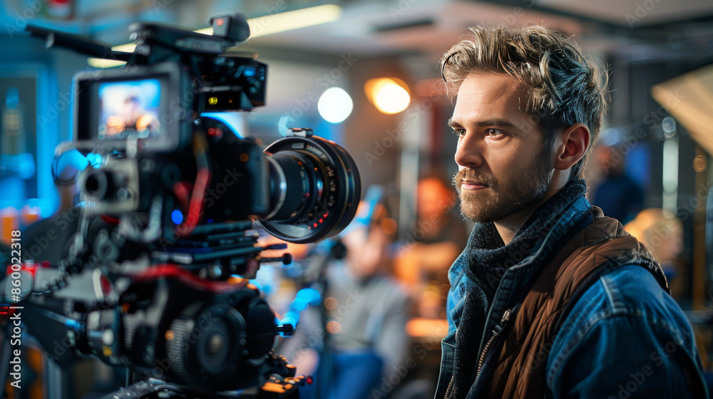 A cameraman in a studio environment operates a high-end video camera, concentrating on capturing the perfect shot. A cameraman in a studio environment operates a high-end video camera, concentrating on capturing the perfect shot.