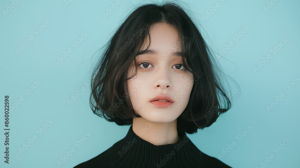 Close-up portrait of a young Asian woman with short, dark hair against a light blue background, exuding calm and serenity.
Close-up portrait of a young Asian woman with short, dark hair against a light blue background, exuding calm and serenity.